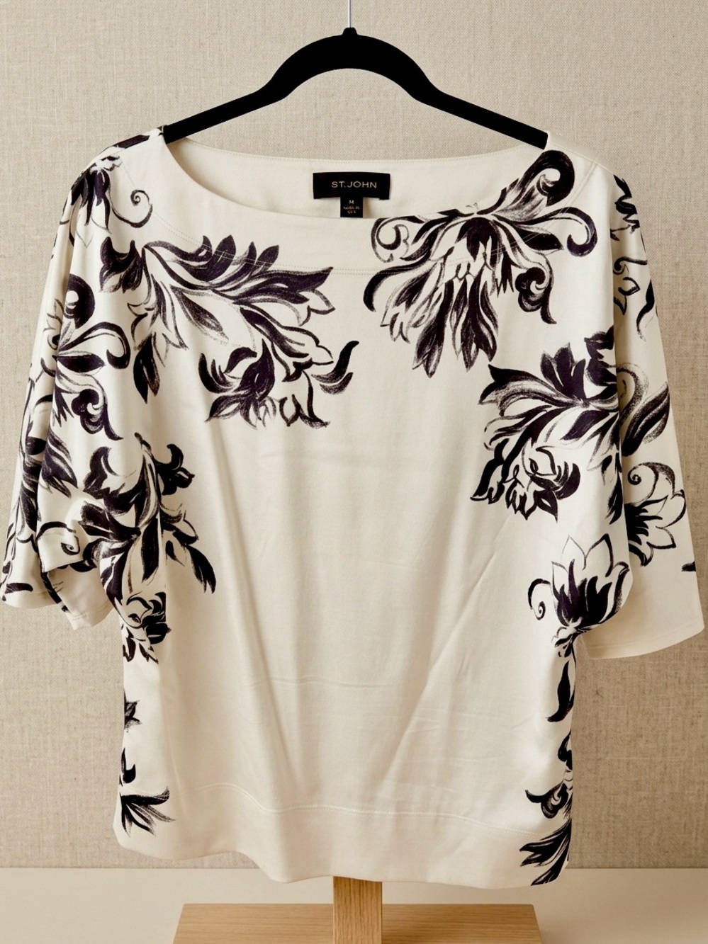 St. John Silk Top with Black Floral Print